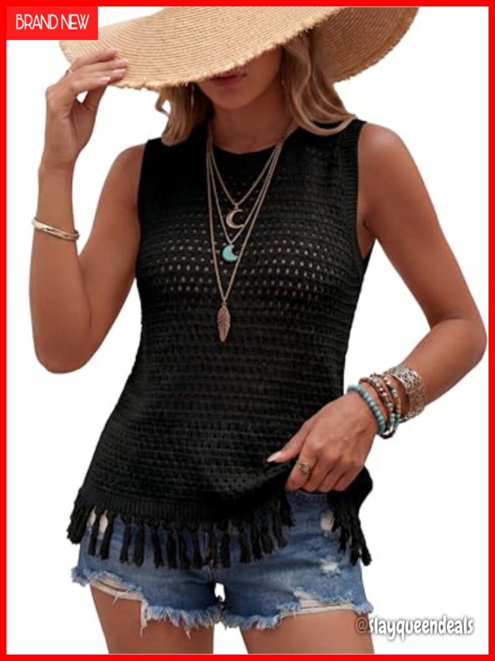 100% Cotton Crochet Fringe Boho Sweater Vest Beach Cover Up Sleeveless